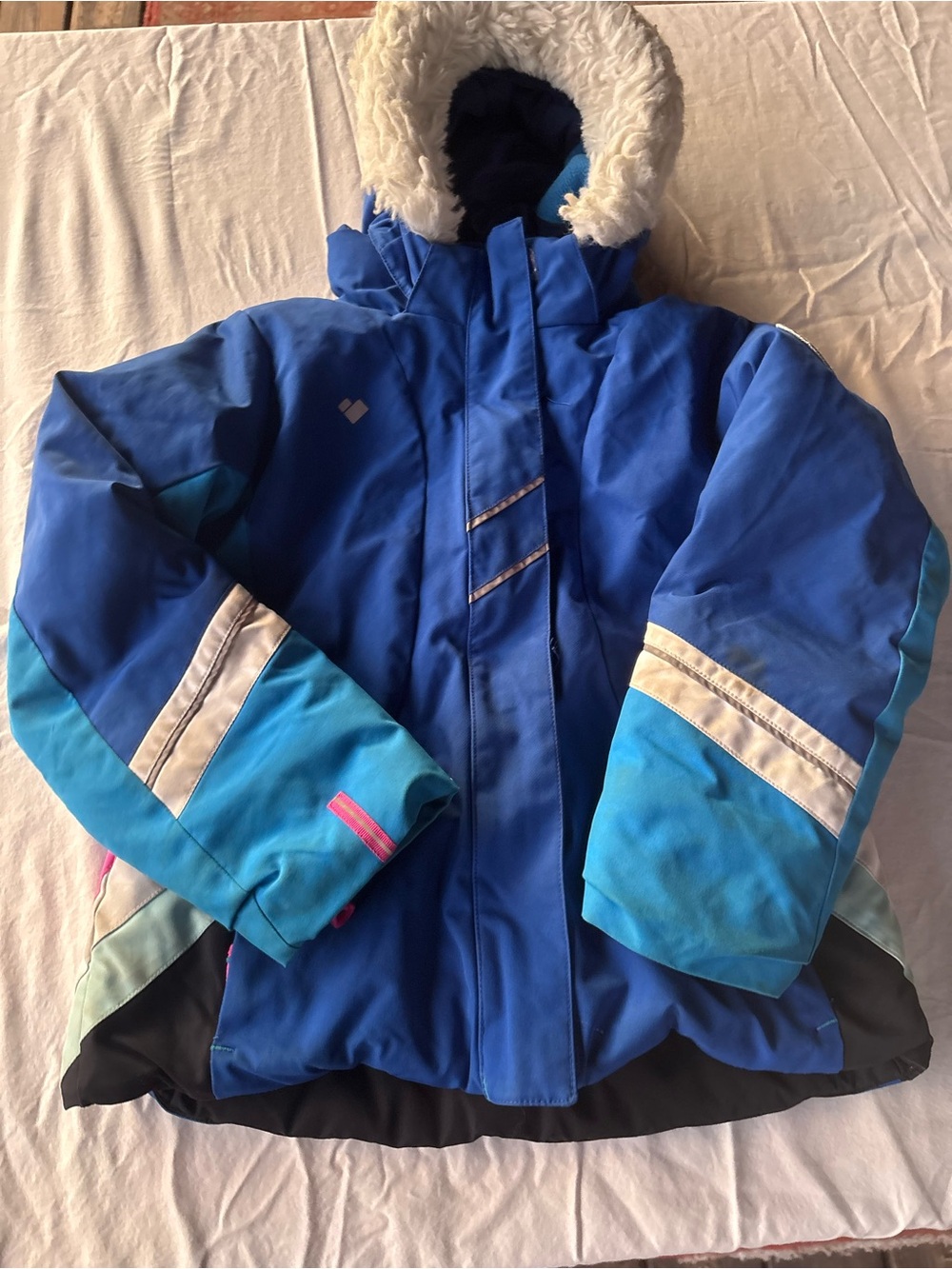 Obermeyer Girls' Blue Hooded Puffer Jacket with Faux-Fur Trim